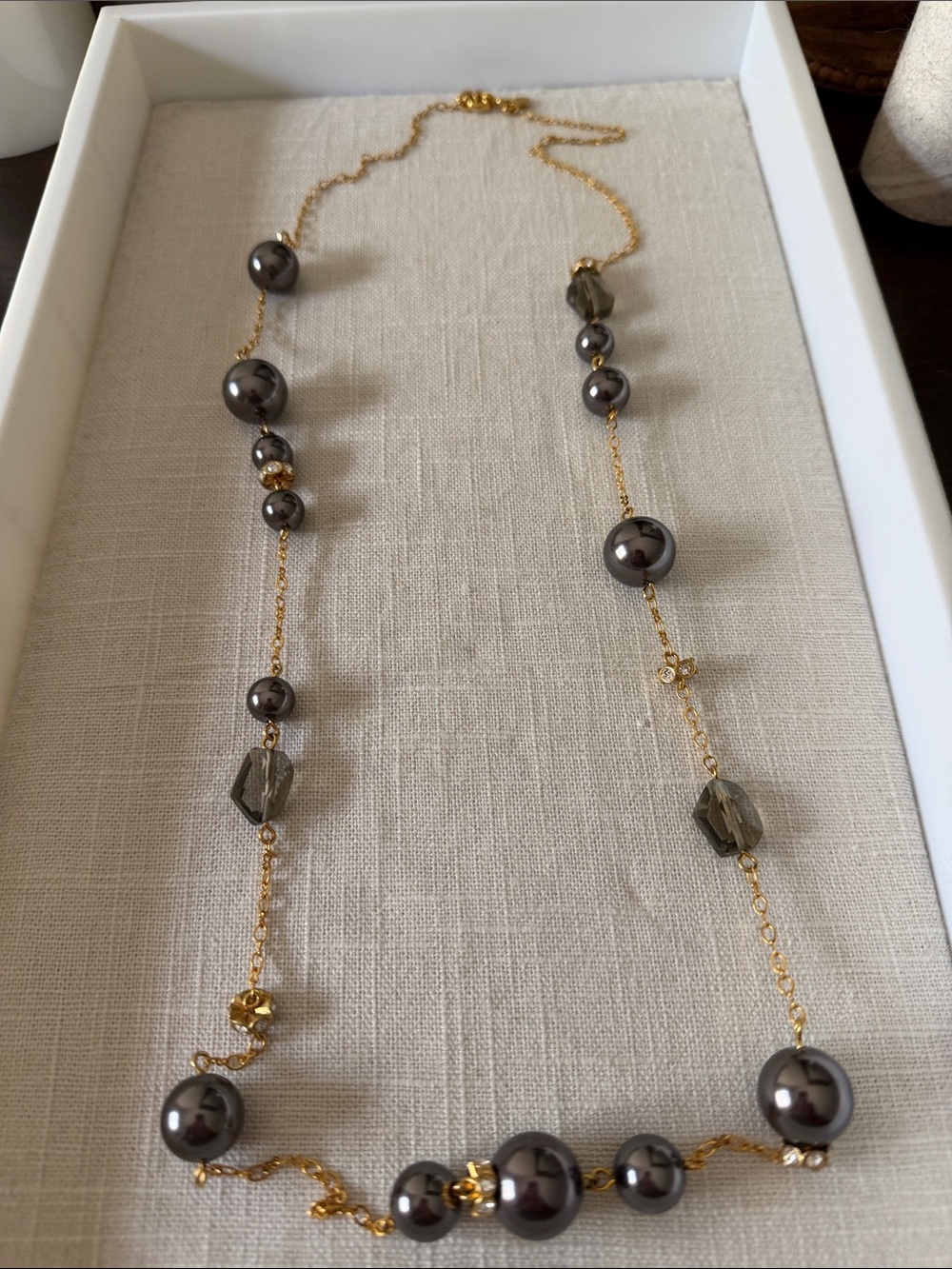 Stella & Dot Gold Necklace with Gray Pearl & Smoky Beads